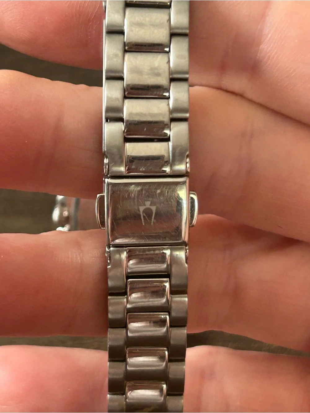 Bulova Silver Watch with Pink Mother-of-Pearl Dial and Crystal Accents